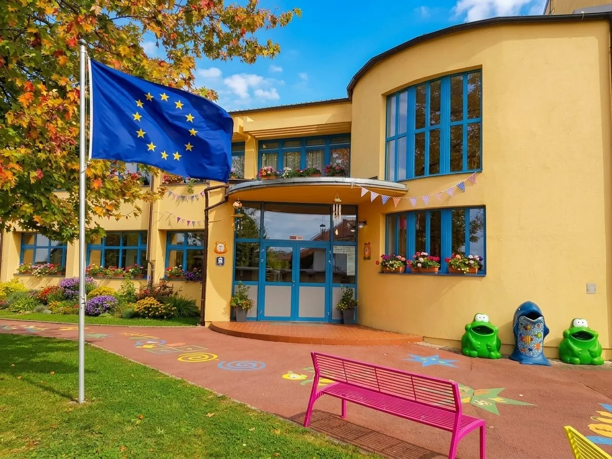 Ulaz Osnovne škole Mate Lovraka u Kutini s europskom zastavom u jesen